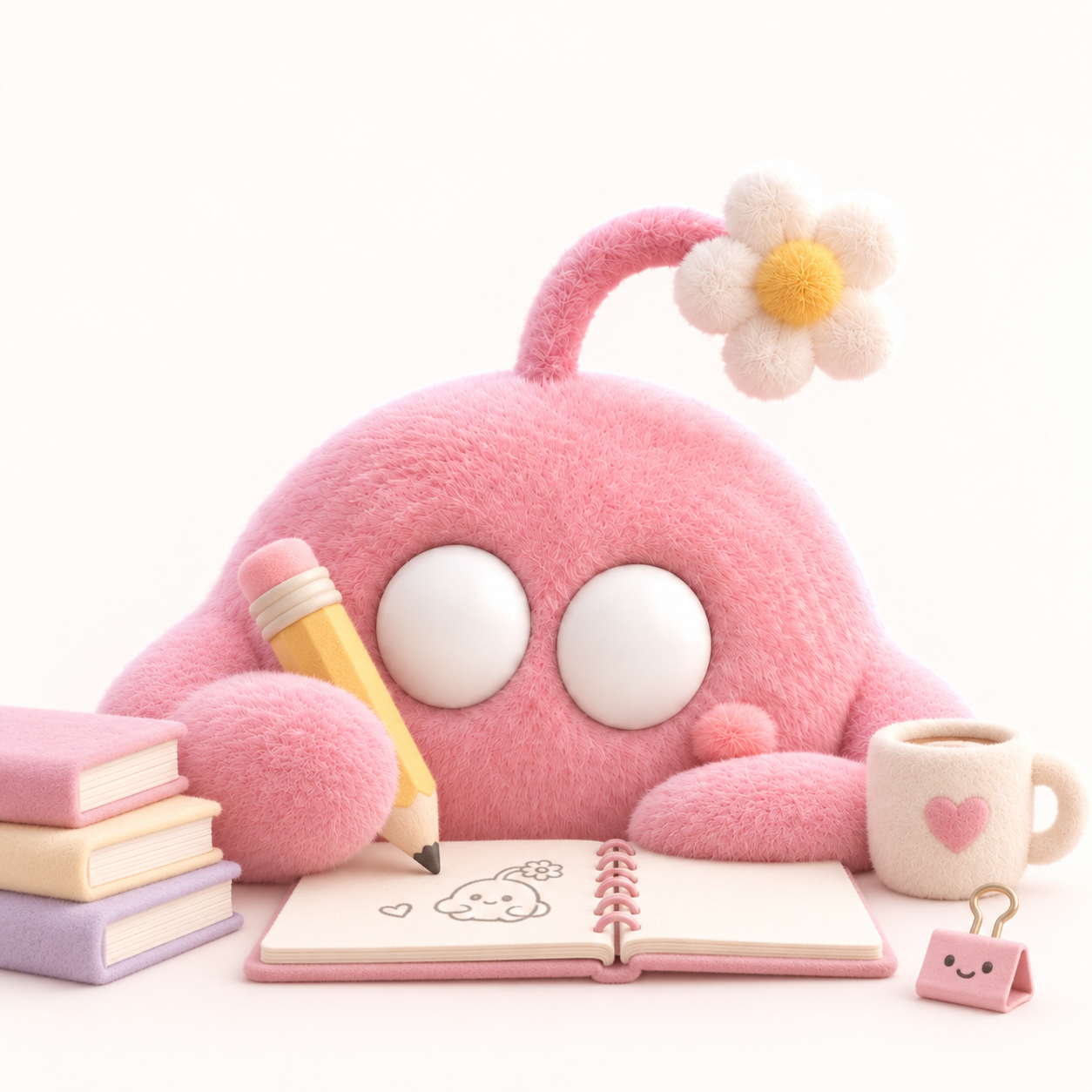 Mochimo, a fluffy pink blob with a daisy sprout, drawing in a notebook